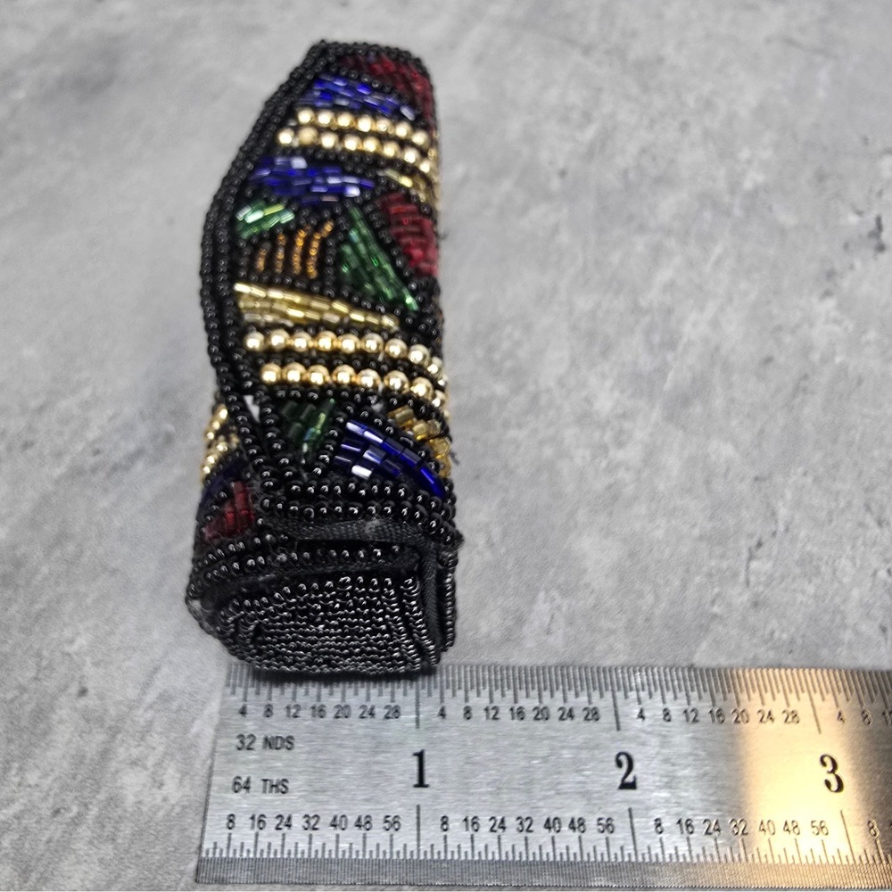Vintage 80s Beaded Lipstick Case Mirror Geometric Mosaic Black Gold Multi Color - Picture 8 of 8